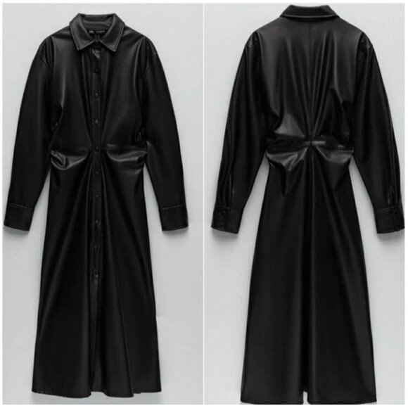 NEW Zara WOMANS MIDI FAUX VEGAN LEATHER SHIRT DRESS SHIRRED SIDES BLACK Size: L - Picture 3 of 12